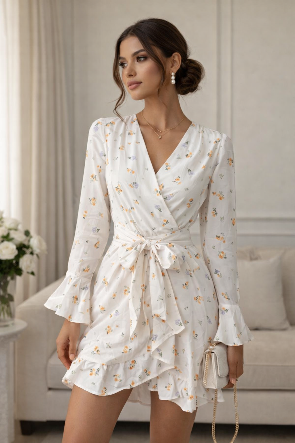 Ivory Floral Wrap Mini Dress for Women K Fashion India