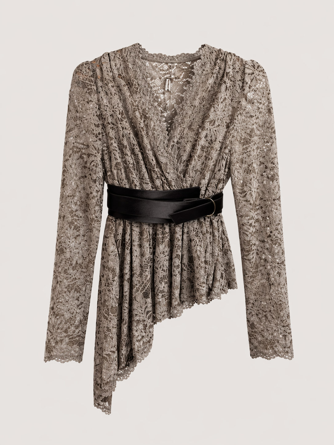 Mocha Lace Peplum Wrap Top with Belt for Women | K Fashion