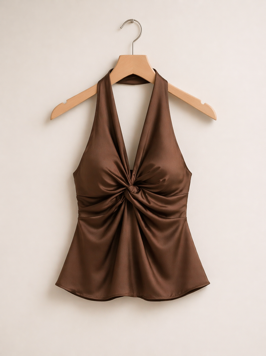 Coffee Brown Satin Halter Top for Women K Fashion India