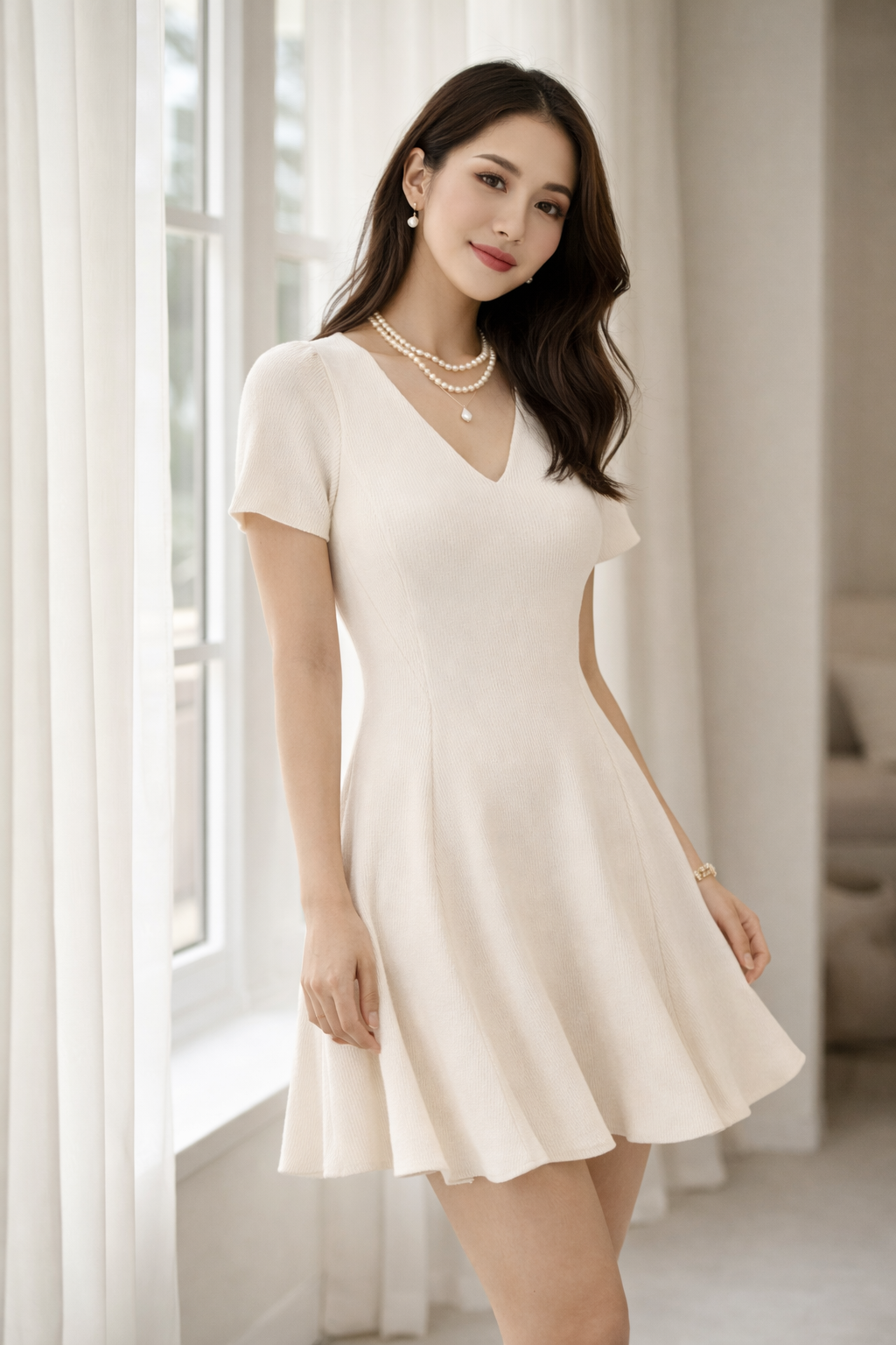 Cream Fit and Flare Mini Dress for Women K Fashion India