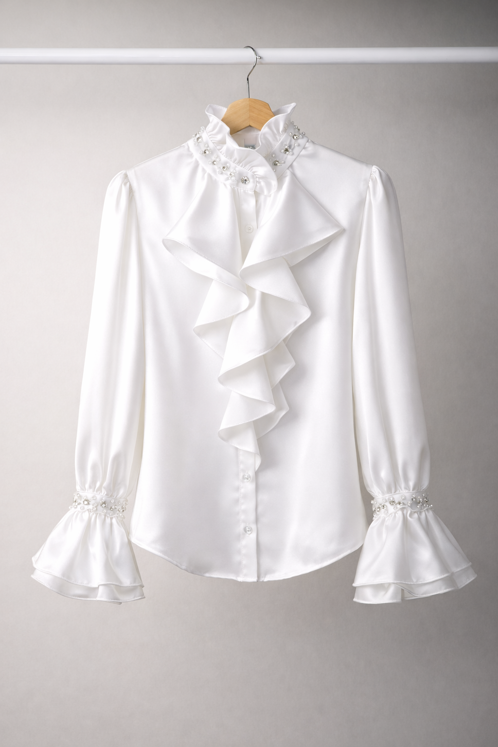 Ivory Pearl Ruffle Statement Shirt for Women Korean Fashion India