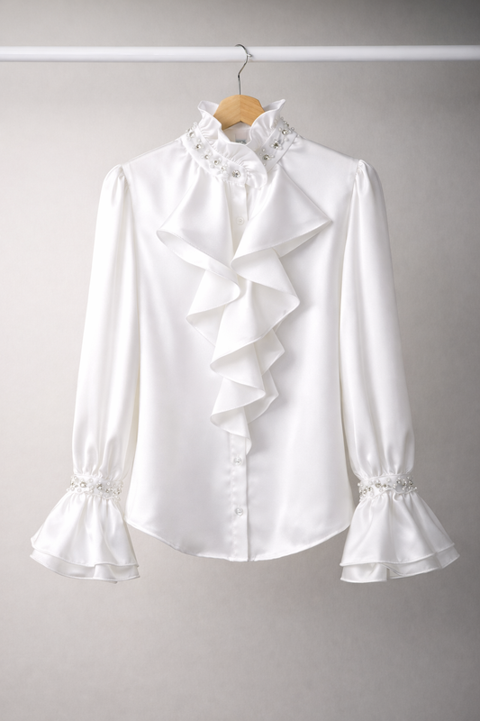 Ivory Pearl Ruffle Statement Shirt for Women Korean Fashion India
