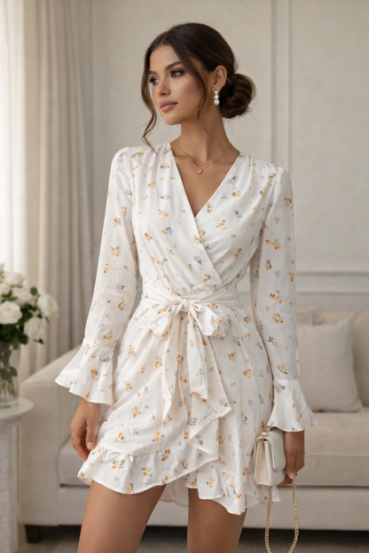 Ivory Floral Wrap Mini Dress for Women K Fashion India