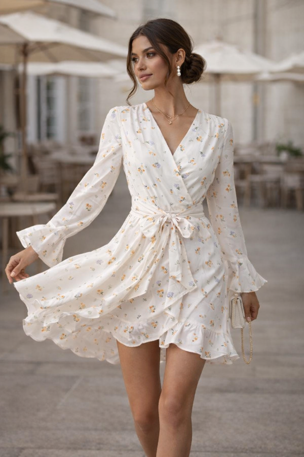 Ivory Floral Wrap Mini Dress for Women K Fashion India