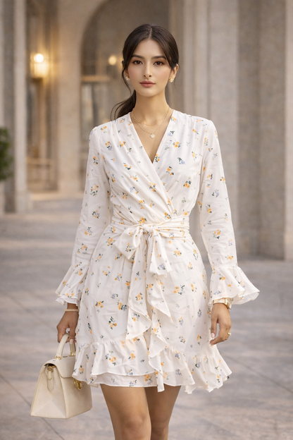 Ivory Floral Wrap Mini Dress for Women K Fashion India