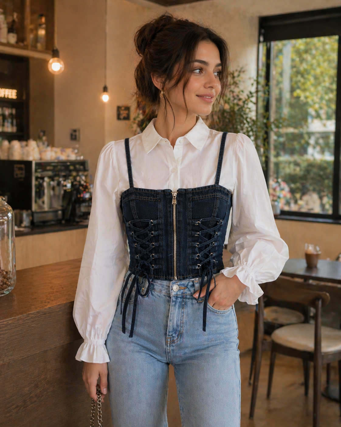 Denim Lace Up Corset Shirt for Women K Fashion India