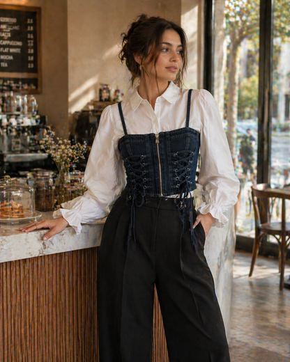 Denim Lace Up Corset Shirt for Women K Fashion India