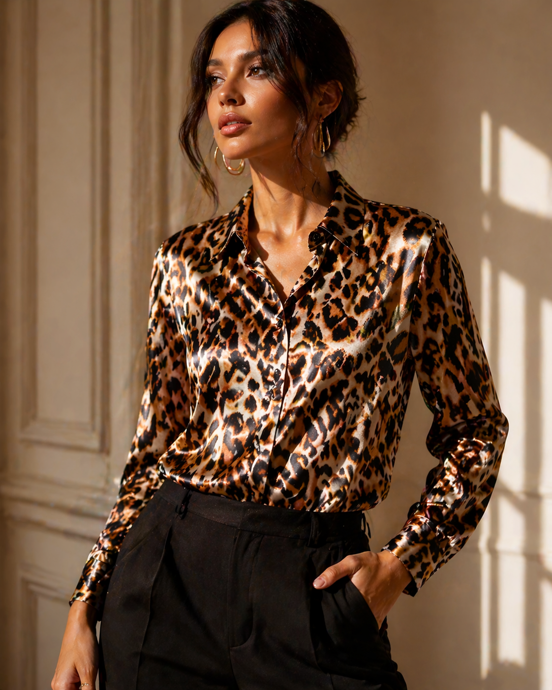 Leopard Print Satin Shirt for Women Korean Style India