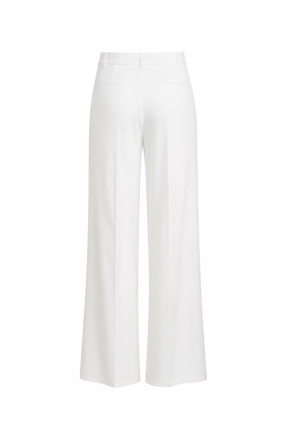 White Wide-Leg Pleated Pants with Gold Buckle Belt