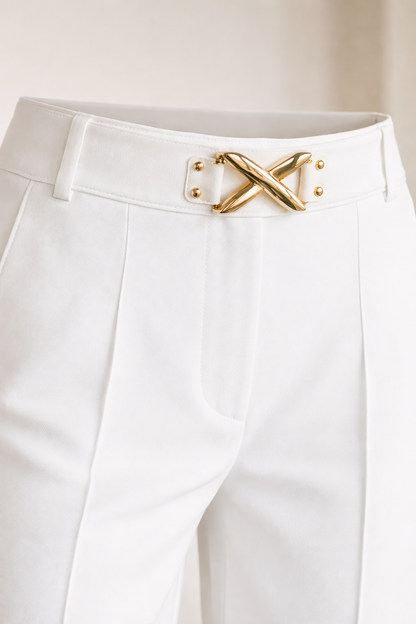 White Wide-Leg Pleated Pants with Gold Buckle Belt