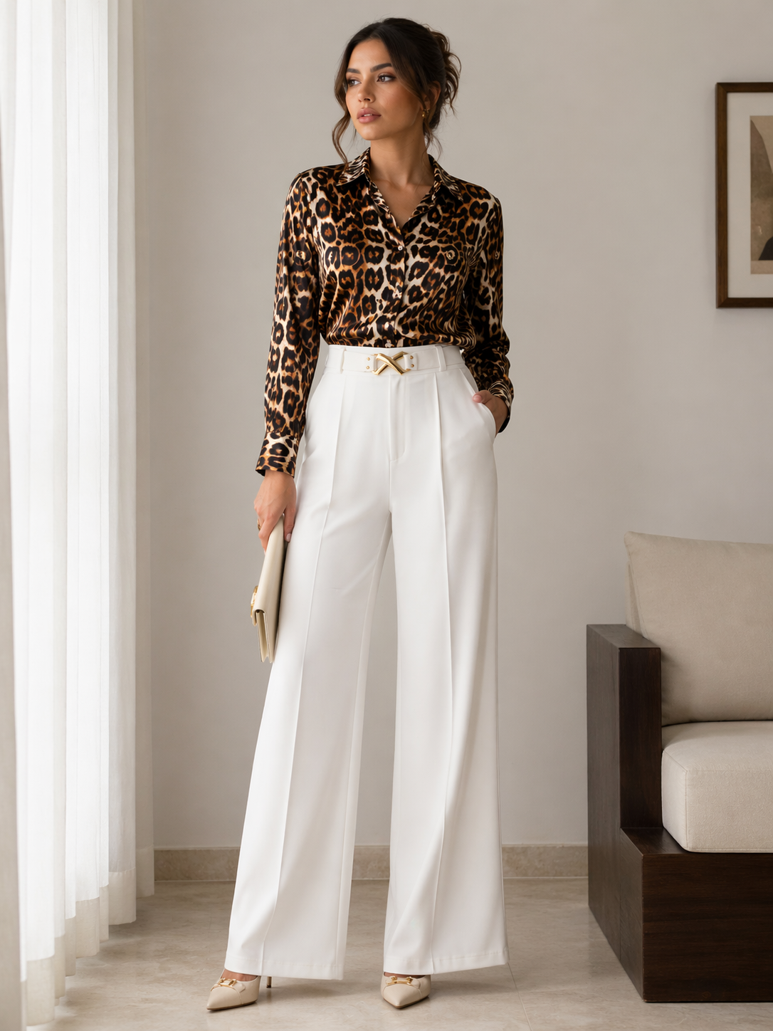 White Wide-Leg Pleated Pants with Gold Buckle Belt