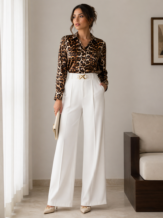 White Wide-Leg Pleated Pants with Gold Buckle Belt