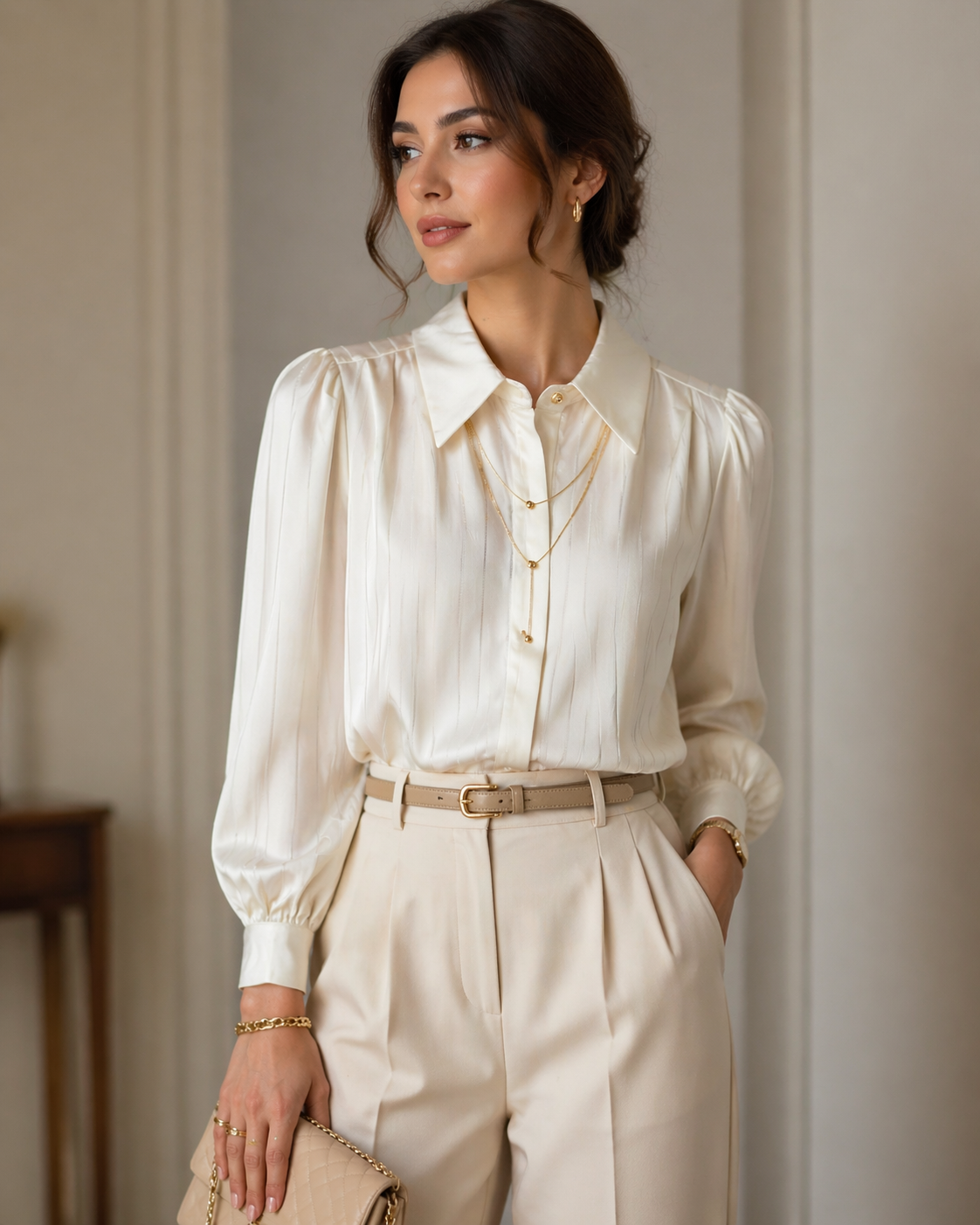 Cream Pleated Shirt with Gold Chain Necklace for Women Korean Fashion India