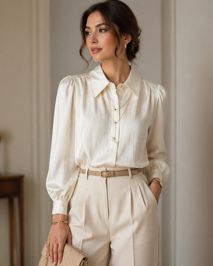 Cream Pleated Shirt with Gold Chain Necklace for Women Korean Fashion India