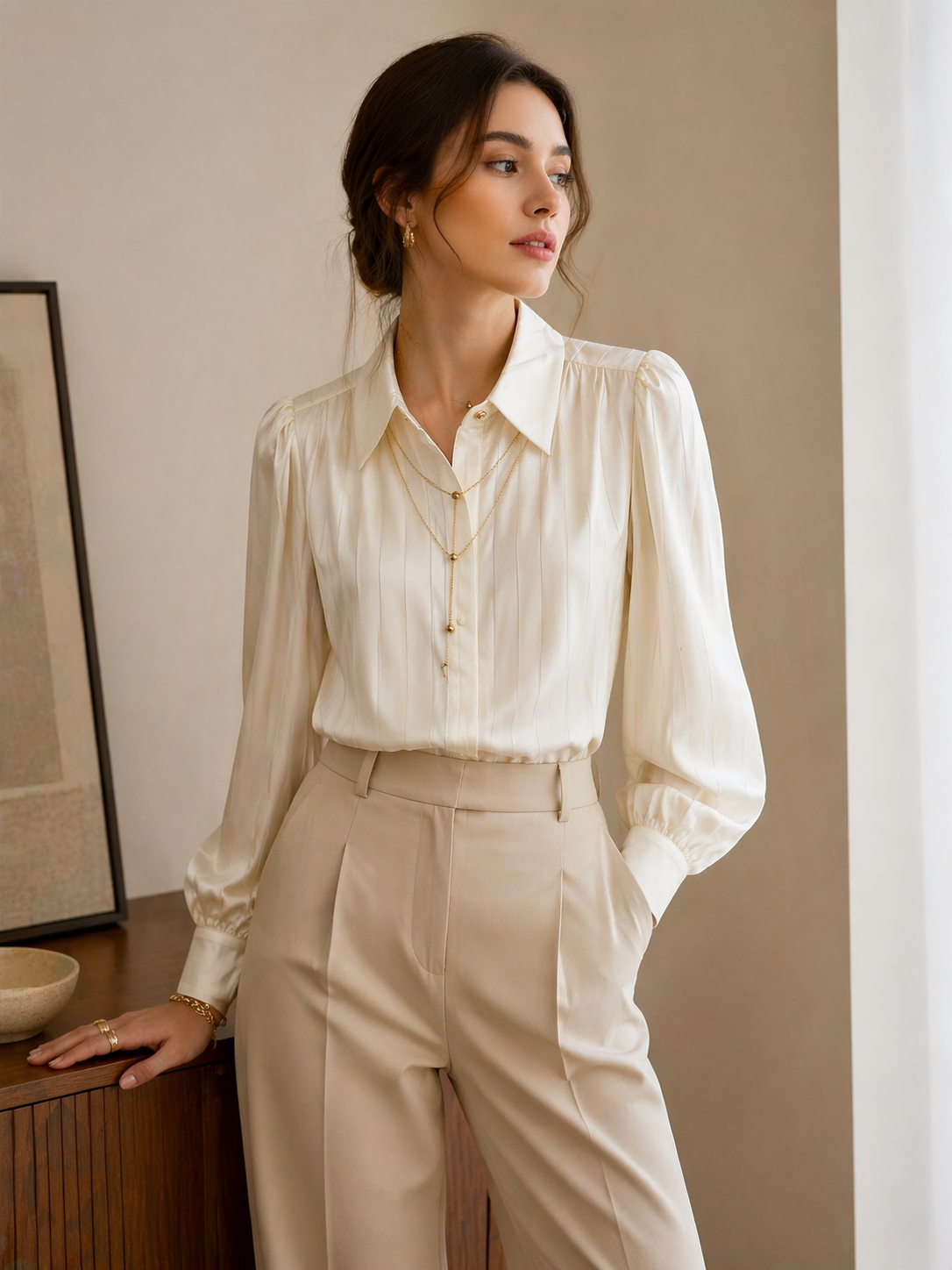 Cream Pleated Shirt with Gold Chain Necklace for Women Korean Fashion India