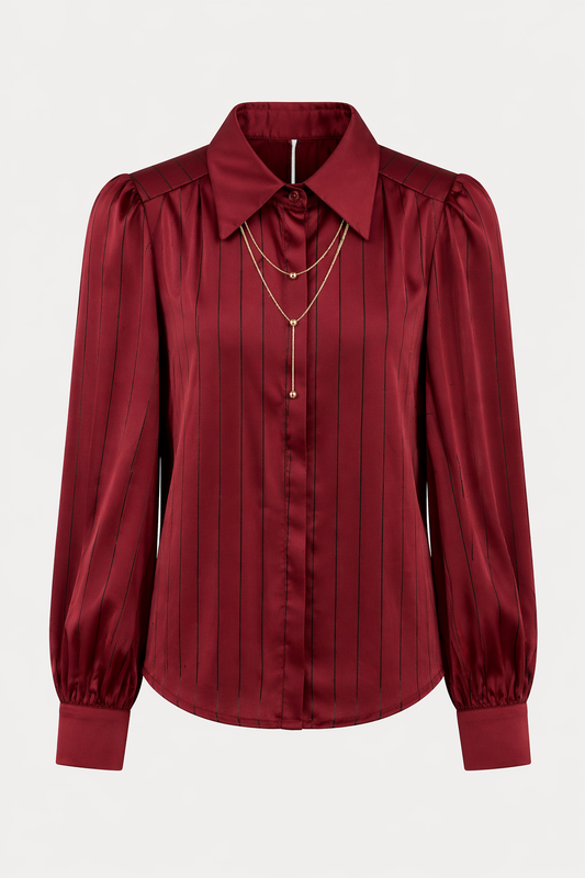 Maroon Pleated Shirt with Gold Chain Necklace for Women Korean Fashion India