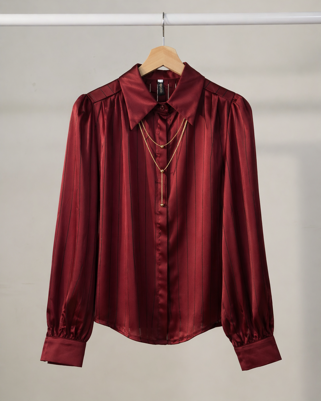 Maroon Pleated Shirt with Gold Chain Necklace for Women Korean Fashion India