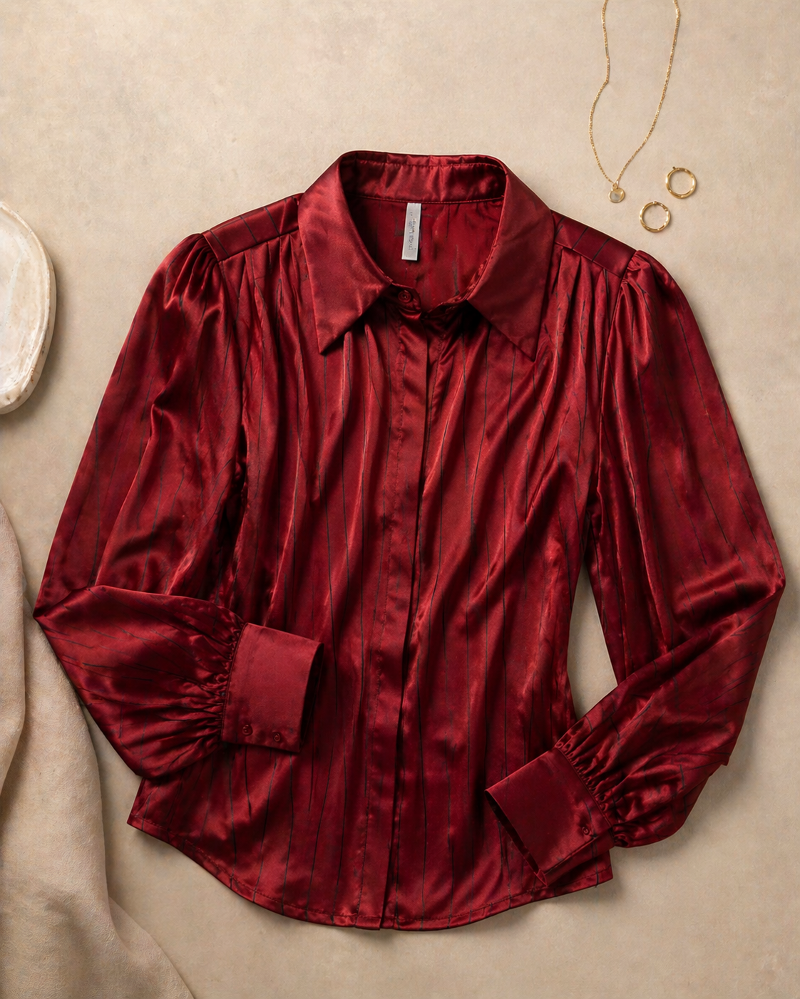 Maroon Pleated Shirt with Gold Chain Necklace for Women Korean Fashion India