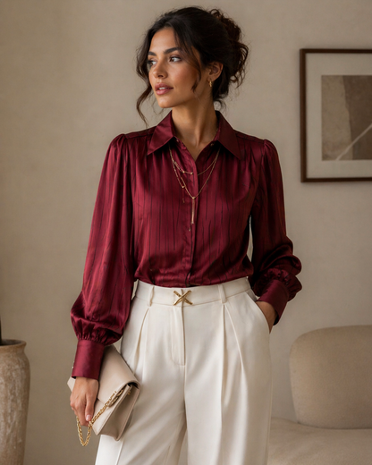Maroon Pleated Shirt with Gold Chain Necklace for Women Korean Fashion India