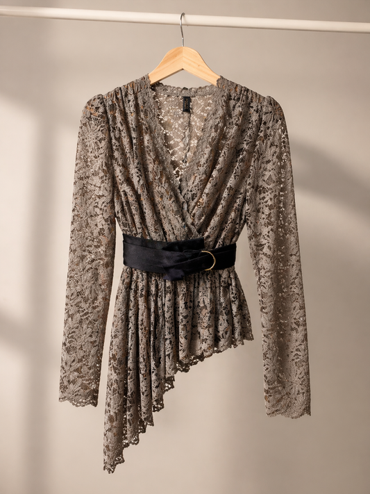 Mocha Lace Peplum Wrap Top with Belt for Women K Fashion India