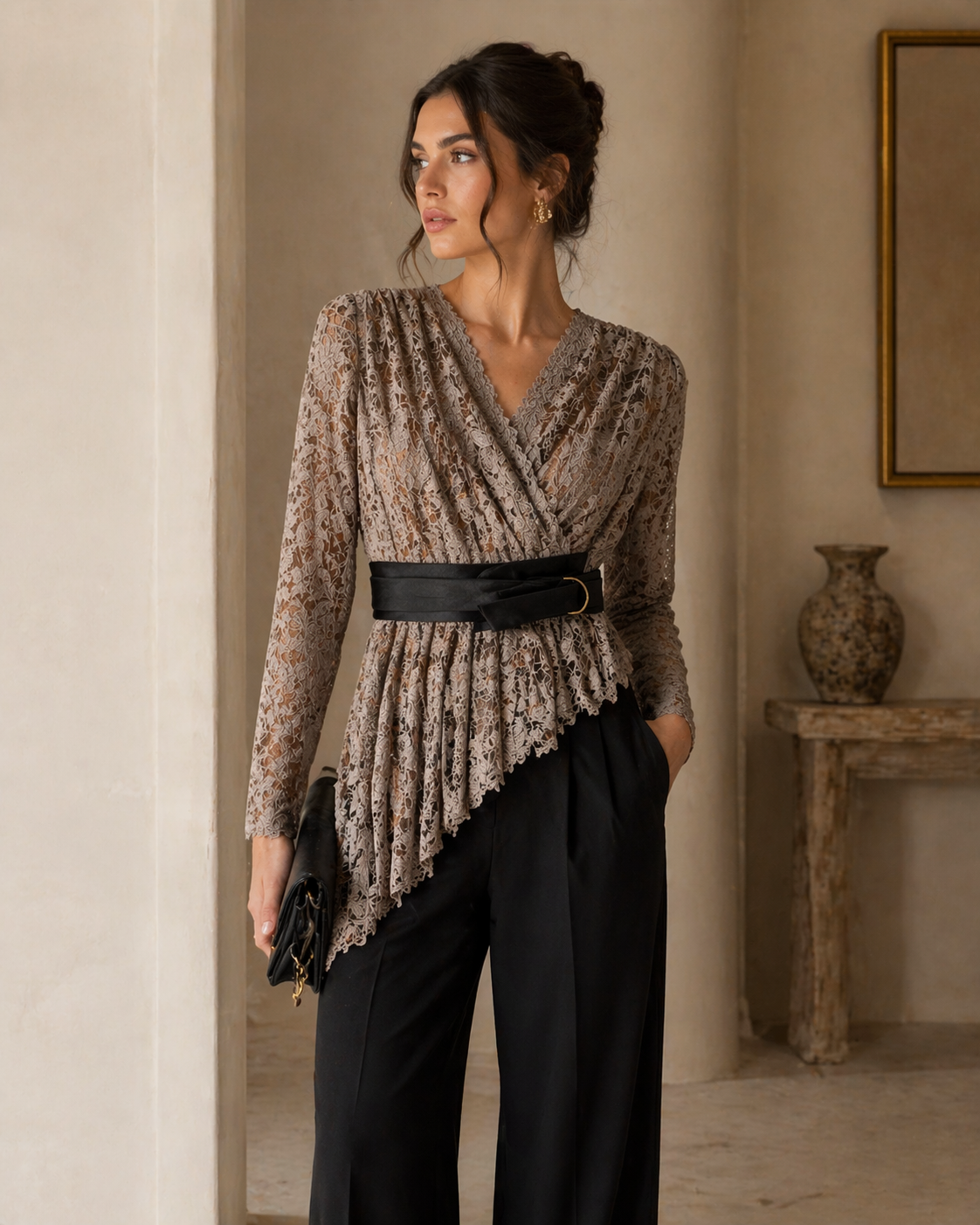 Mocha Lace Peplum Wrap Top with Belt for Women K Fashion India