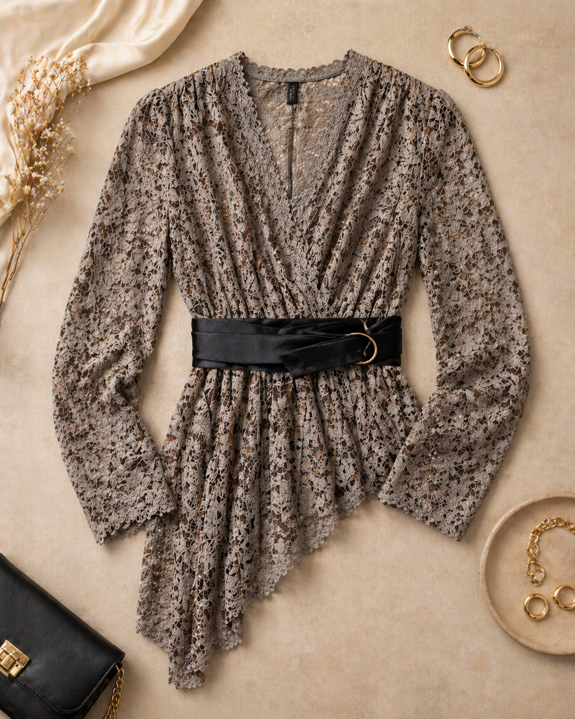 Mocha Lace Peplum Wrap Top with Belt for Women K Fashion India
