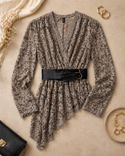 Mocha Lace Peplum Wrap Top with Belt for Women K Fashion India