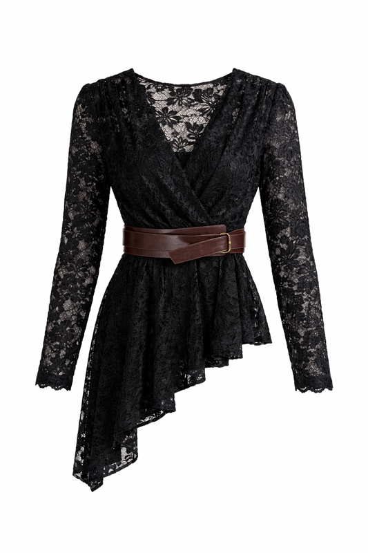 Black Lace Peplum Wrap Top with Belt for Women Korean Fashion India