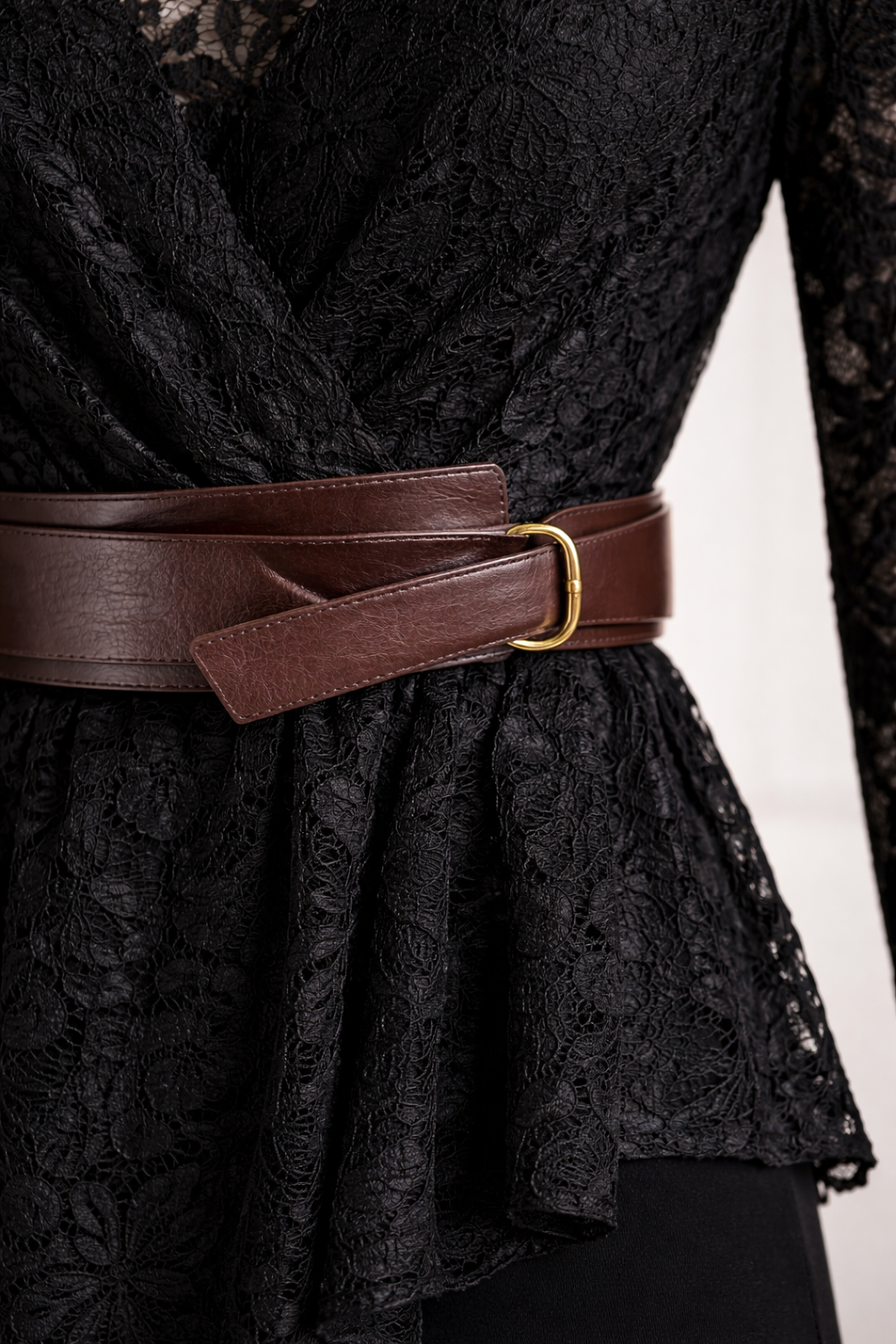 Black Lace Peplum Wrap Top with Belt for Women Korean Fashion India