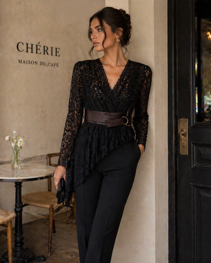 Black Lace Peplum Wrap Top with Belt for Women Korean Fashion India