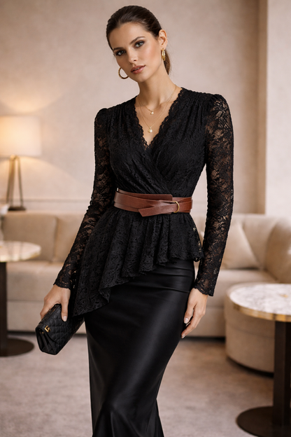 Black Lace Peplum Wrap Top with Belt for Women Korean Fashion India
