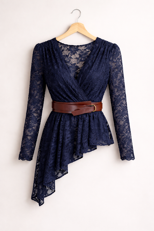 Dark Blue Lace Peplum Wrap Top with Belt for Women K Fashion India