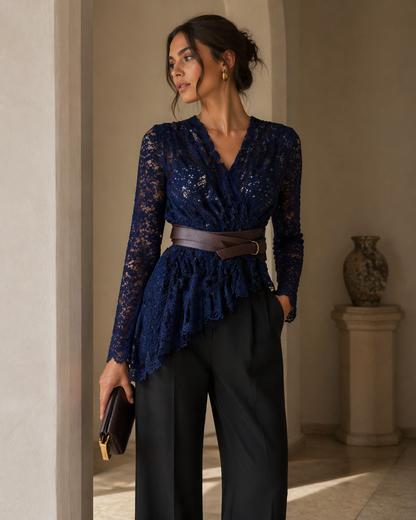 Dark Blue Lace Peplum Wrap Top with Belt for Women K Fashion India
