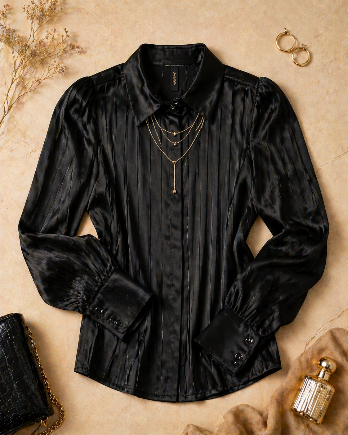 Black Pleated Shirt with Gold Chain Necklace for Women K Fashion India