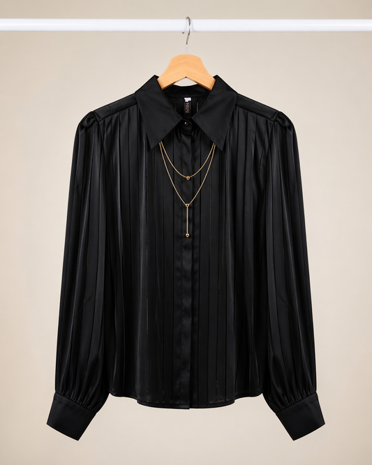 Black Pleated Shirt with Gold Chain Necklace for Women K Fashion India