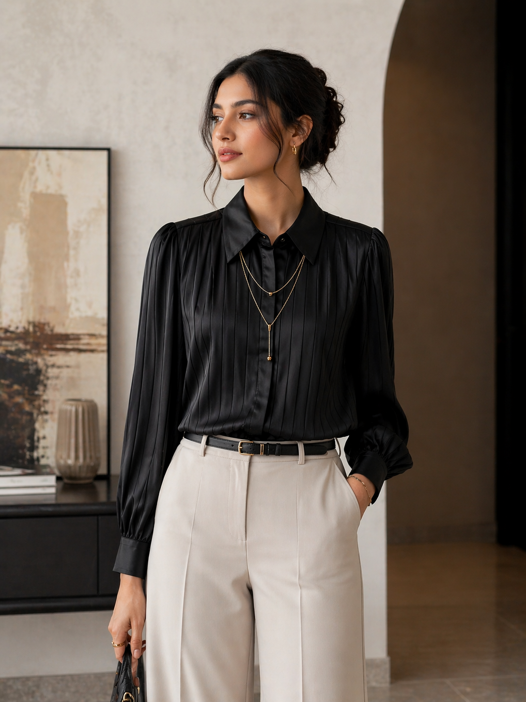 Black Pleated Shirt with Gold Chain Necklace for Women | K Fashion