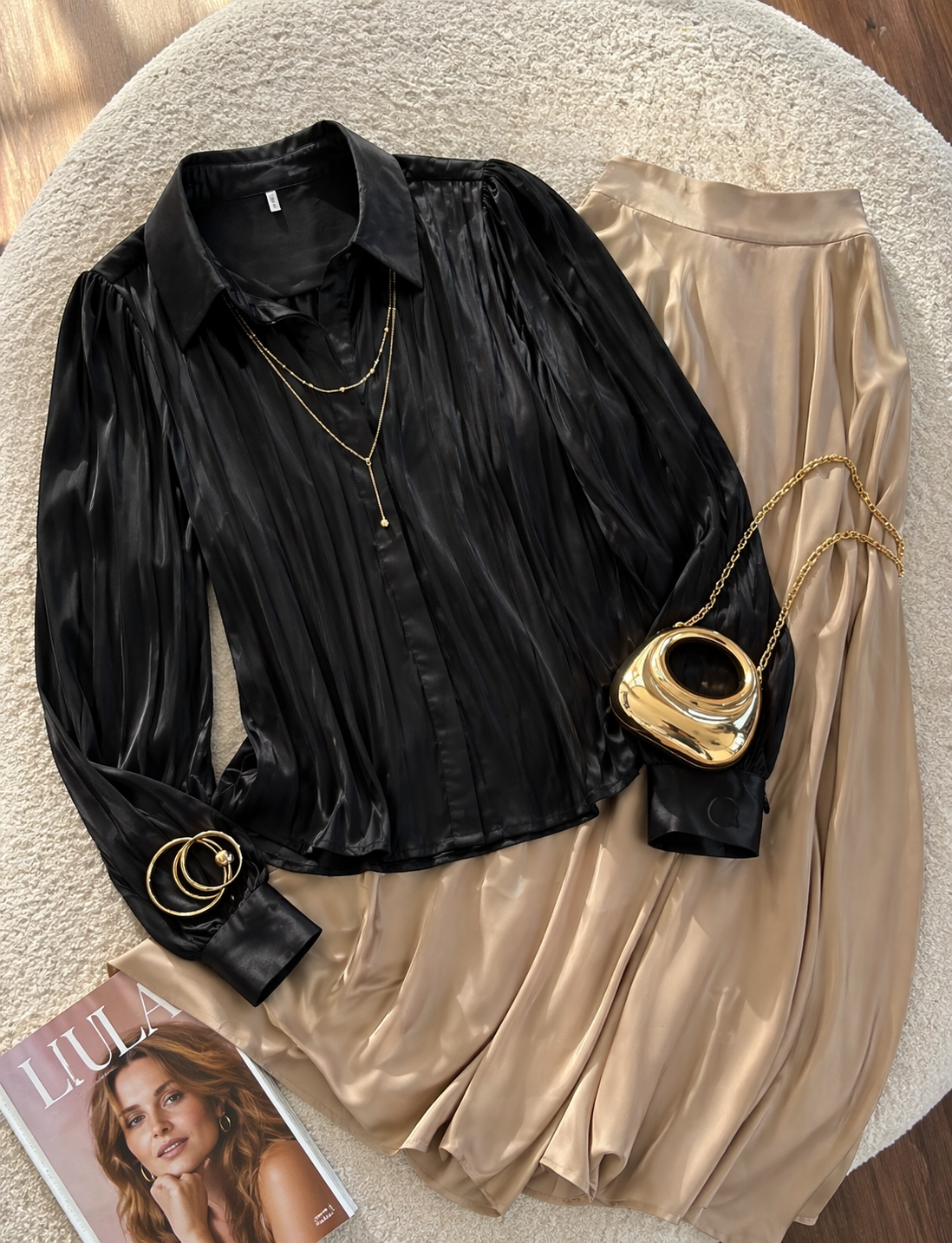 Black Pleated Shirt with Gold Chain Necklace for Women K Fashion India