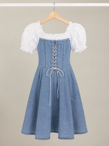 Denim Corset Puff Sleeve Dress for Women Korean Fashion India
