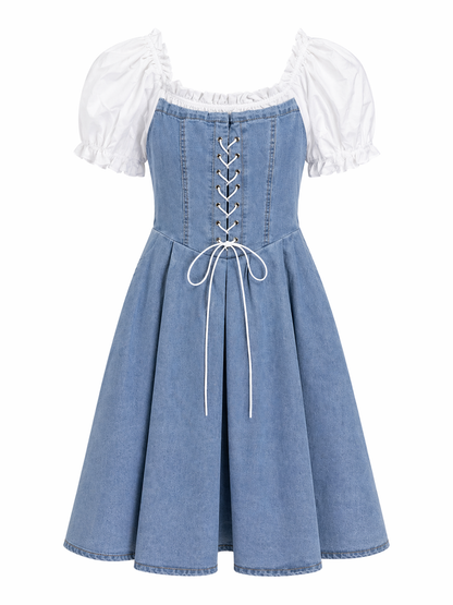Denim Corset Puff Sleeve Dress for Women Korean Fashion India