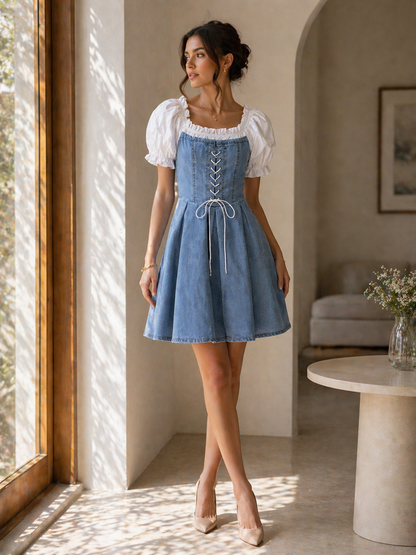 Denim Corset Puff Sleeve Dress for Women Korean Fashion India