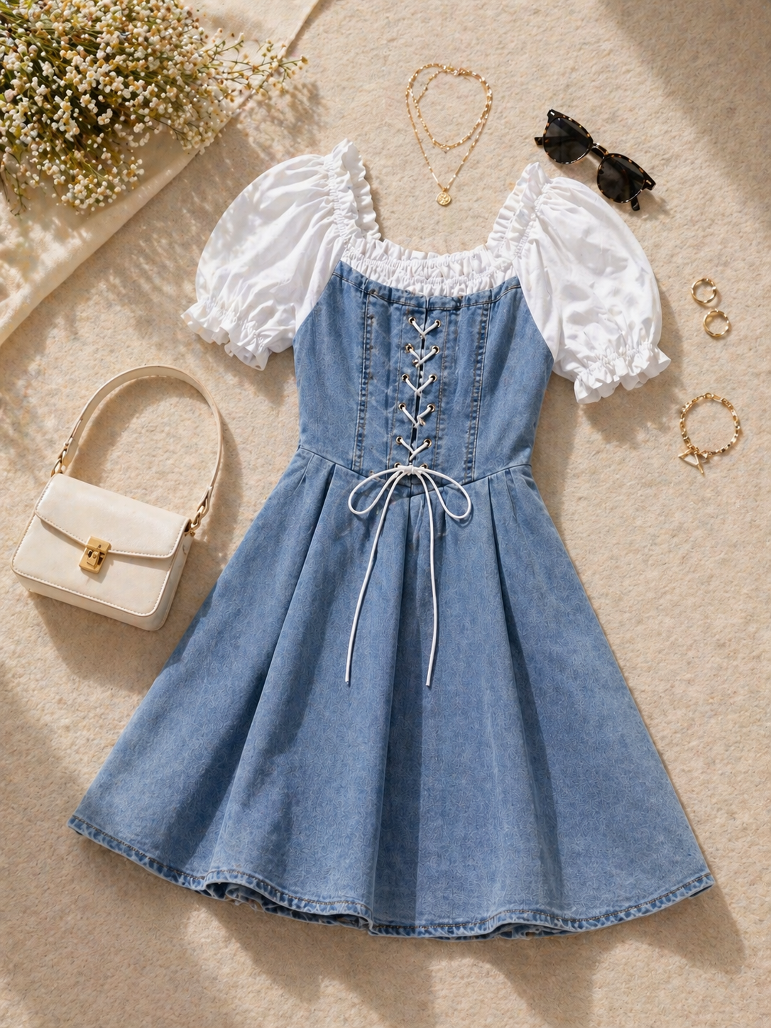 Denim Corset Puff Sleeve Dress for Women Korean Fashion India