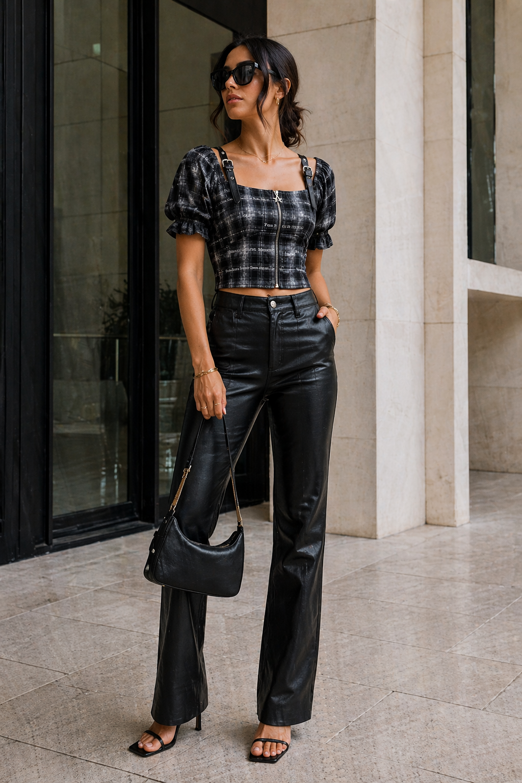 Black Checkered Zip Corset Top for Women Korean Style India