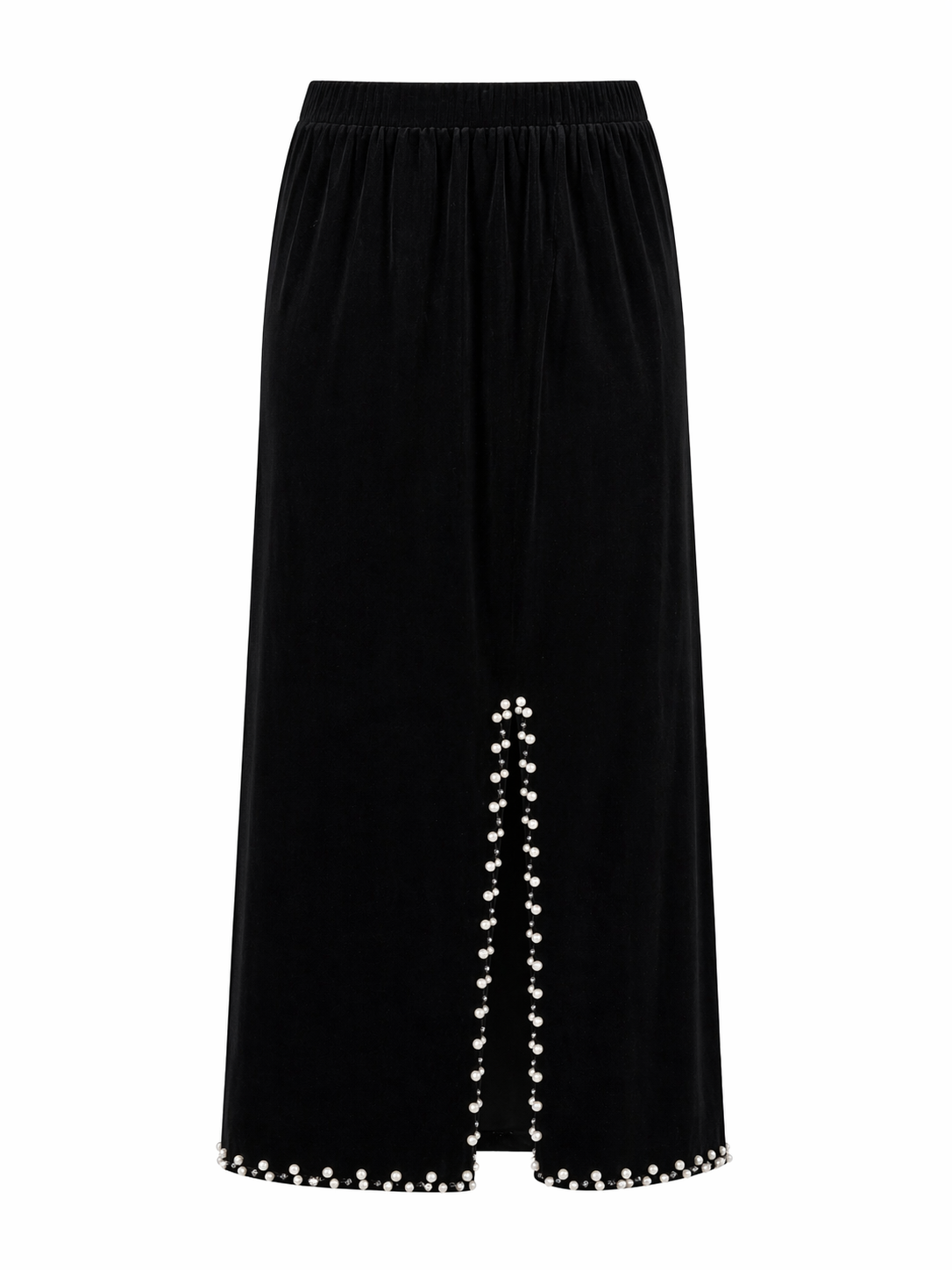 Black Velvet Pearl Embellished Midi Skirt with Front Slit for Women | Korean Fashion India