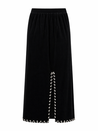 Black Velvet Pearl Embellished Midi Skirt with Front Slit for Women | Korean Fashion India