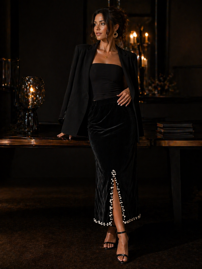 Black Velvet Pearl Embellished Midi Skirt with Front Slit for Women | Korean Fashion India