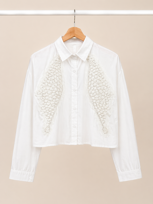 White Crochet Panel Crop Shirt for Women K Fashion India