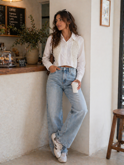 White Crochet Panel Crop Shirt for Women K Fashion India