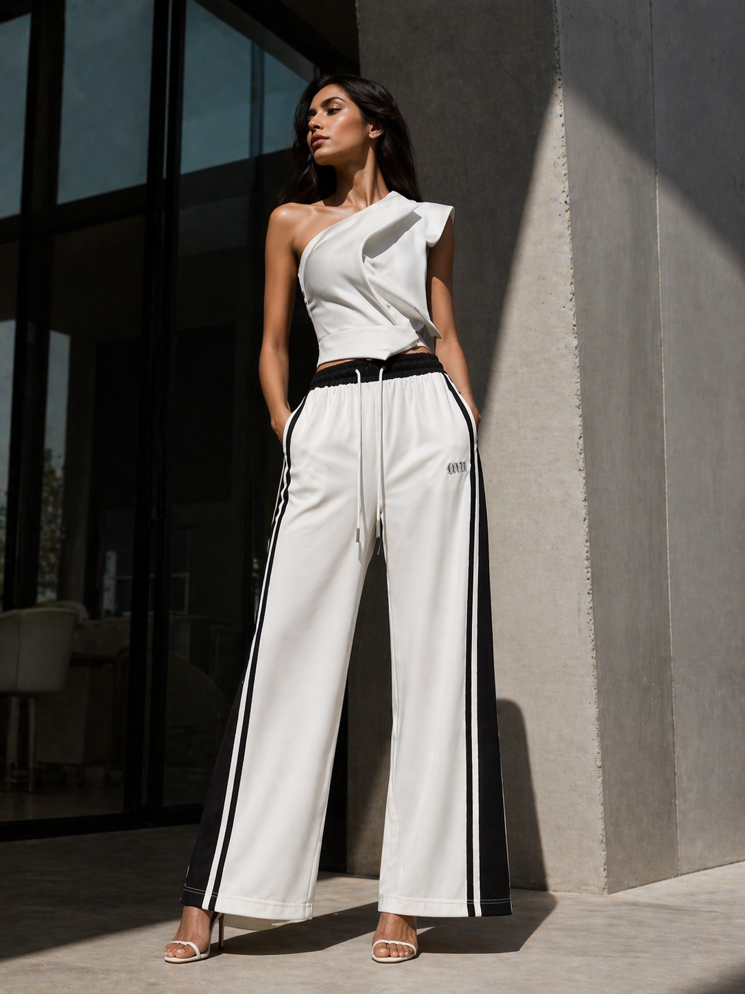 Monochrome Wide Leg Sport Luxe Pants for Women K Fashion India