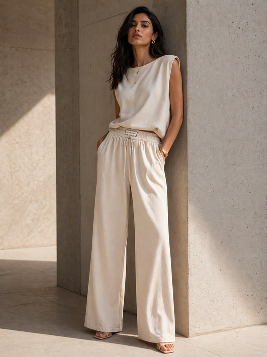 Cream Wide-Leg Drawstring Lounge Pants