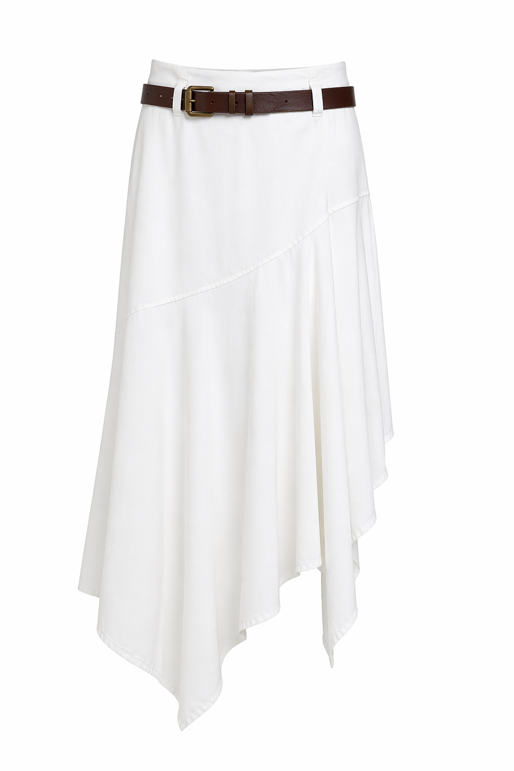 White Asymmetric Belted Midi Skirt